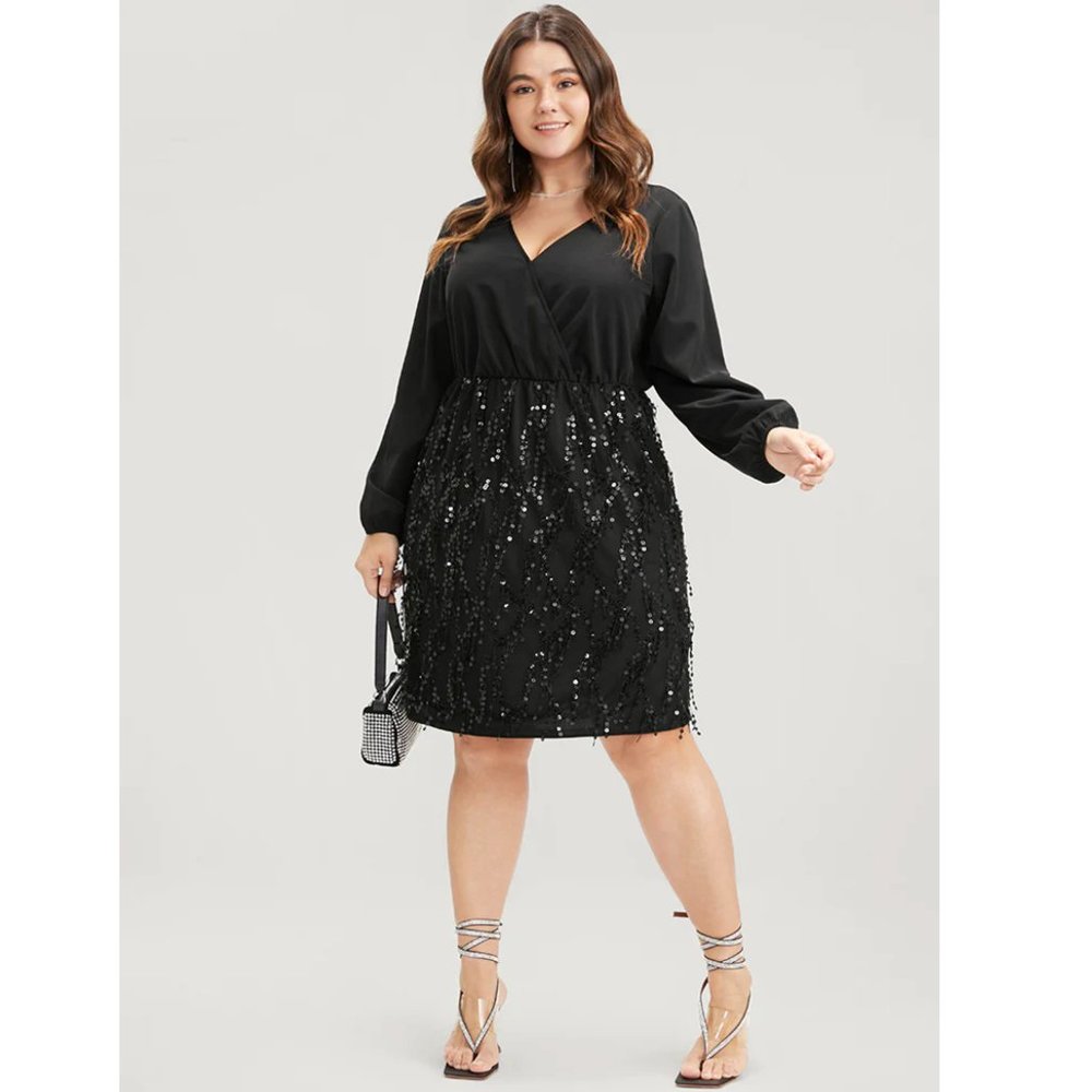 BloomChic Solid Patchwork Wrap Sequin Tassel Detail Dress Black Sparkly 22 3X